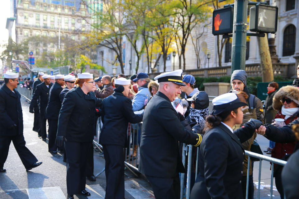 <p>Personnel from the United States Navy thank spectators during the Veterans Day parade in New York City on Nov. 11, 2017. (Photo: Gordon Donovan/Yahoo News) </p>