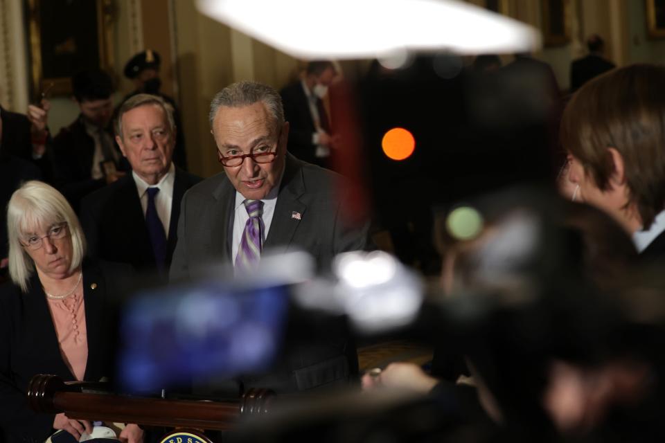 Senate Majority Leader Chuck Schumer speaks  during a news briefing after a weekly Senate Democratic policy luncheon at the US Capitol 8 March 2022 in Washington, DC (Getty Images)