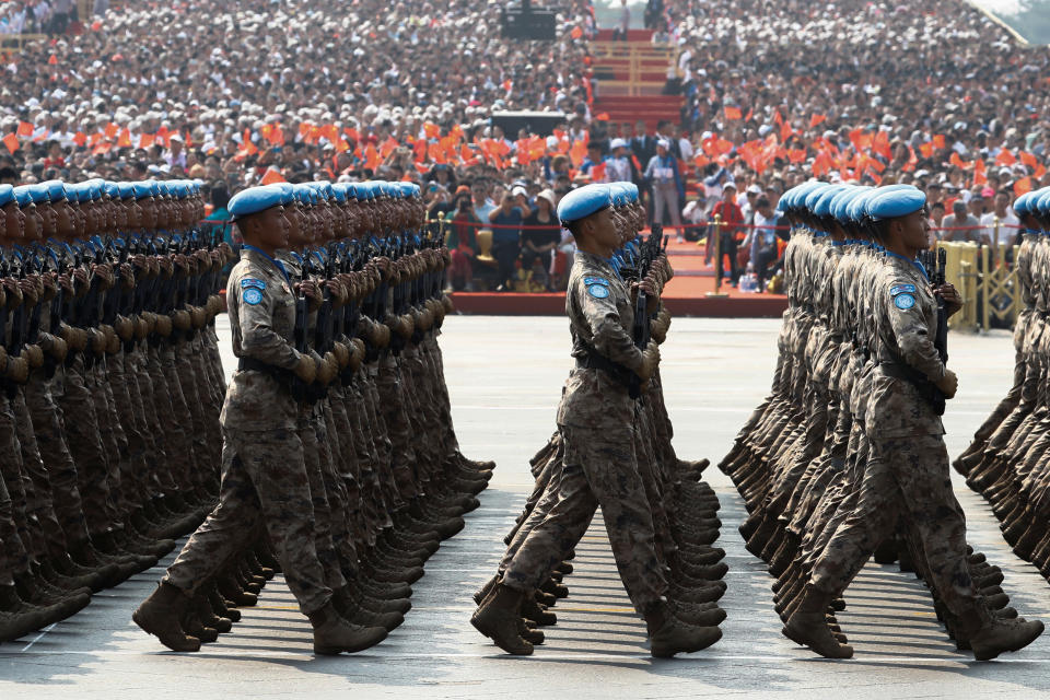 Chinese peacekeeping troops march in formation past Tiananmen Square during the military parade marking the 70th founding anniversary of People's Republic of China, on its National Day in Beijing, China October 1, 2019. (Photo: Thomas Peter/Reuters)