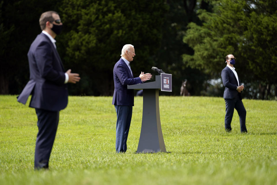 Democratic presidential candidate and former Vice President Joe Biden speaks about climate change and wildfires affecting western states, Monday, Sept. 14, 2020, in Wilmington, Del. (AP Photo/Patrick Semansky)