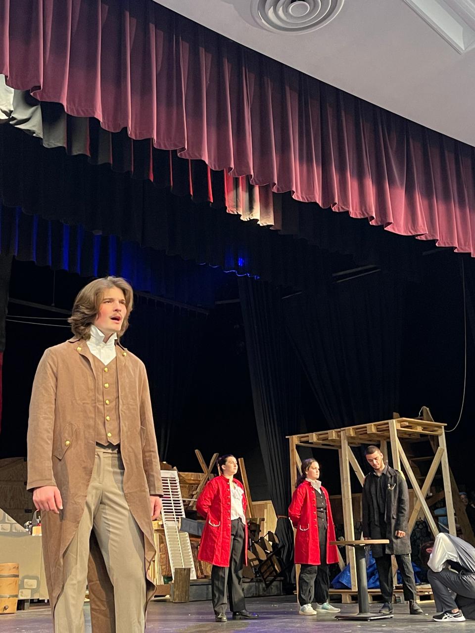 The cast of Les Misérables rehearses for their upcoming musical at Central High School, April 25, 2023. Pictured here: Constables Lizzie Burnett and Gretchen Adkins, Aidan Simmons and Logan Sidoti.