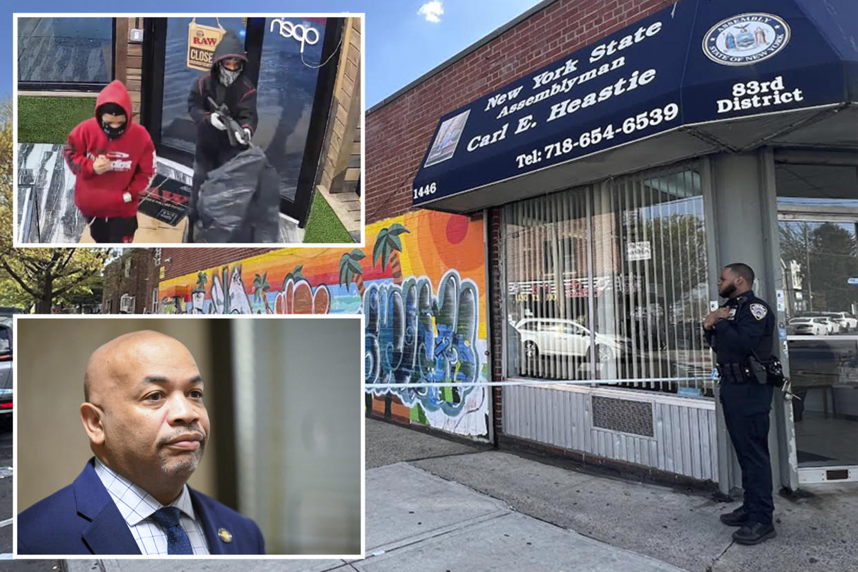 A composite photo: Two wanted robbery suspects, a photo of Carl Heastie's district office on East Gun Hill Road and a photo of Heastie