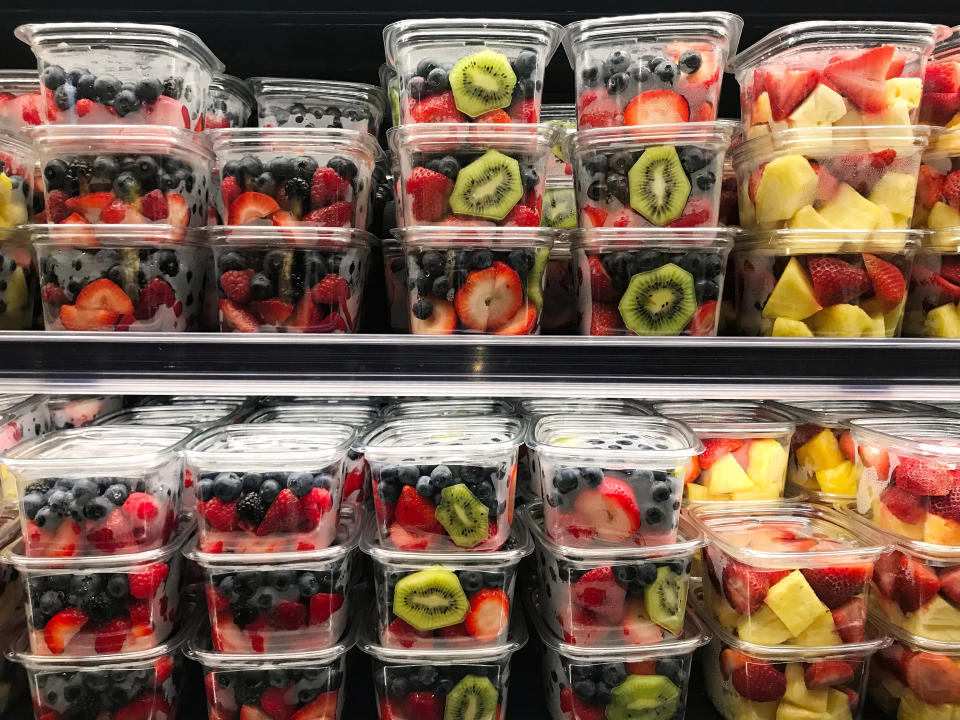 Fresh fruit boxes in a market retail display