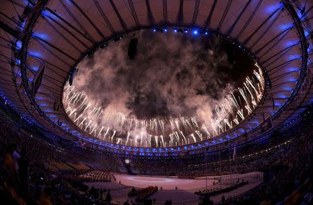 2016 Rio Olympics - Closing ceremony - Maracana - Rio de Janeiro, Brazil - 21/08/2016. Fireworks explode during the closing ceremony. REUTERS/Toby Melville