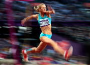 Olga Rypakova of Kazakhstan compete in the Women's Triple Jump final on Day 9 of the London 2012 Olympic Games at the Olympic Stadium on August 5, 2012 in London, England. (Photo by Adam Pretty/Getty Images)