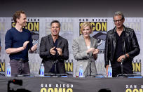 <p>Tom Hiddleston, Mark Ruffalo, Cate Blanchett, and Jeff Goldblum promote <em>Thor: Ragnarok</em> at Comic-Con International 2017. (Photo by Kevin Winter/Getty Images) </p>
