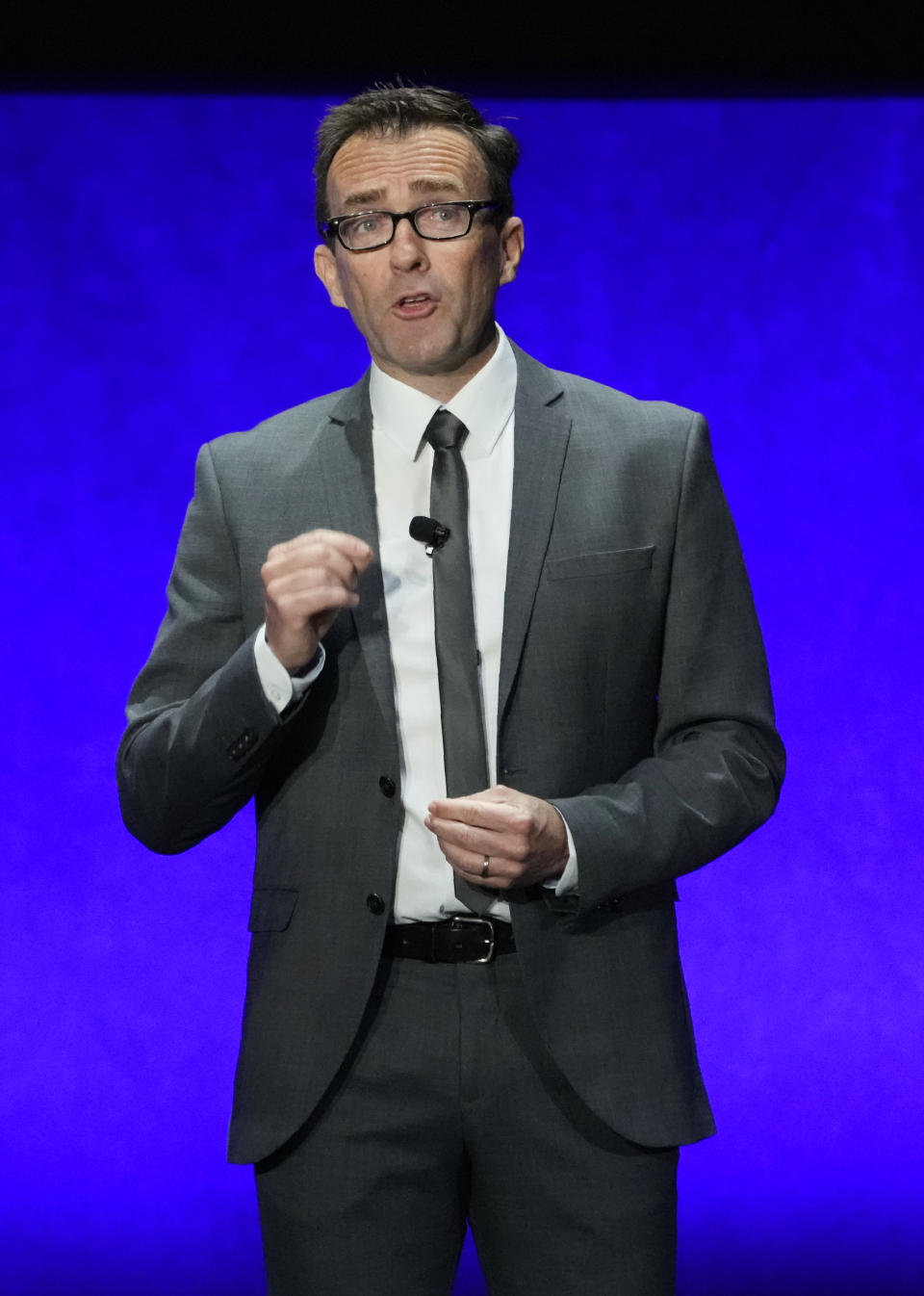 Tony Chambers, the head of theatrical distribution for Disney Entertainment, addresses the audience during the Walt Disney Studios presentation at CinemaCon 2023, the official convention of the National Association of Theatre Owners (NATO) at Caesars Palace, Wednesday, April 26, 2023, in Las Vegas. (AP Photo/Chris Pizzello)