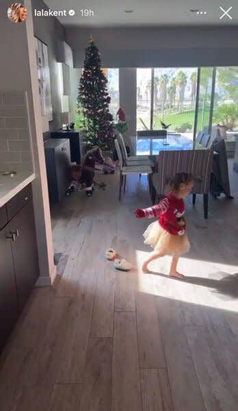 Ocean Kent Emmett dancing in Lala Kent's Palm Springs, California living room.