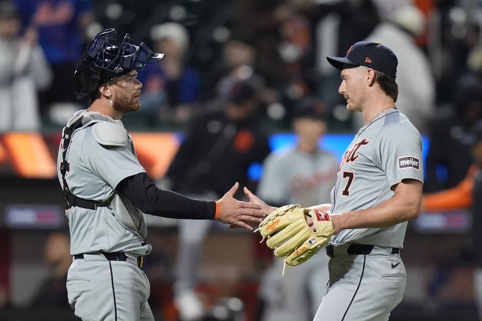 Detroit Tigers relief pitcher Shelby Miller, right, celebrates with Carson Kelly after a baseball game against the New York Mets Monday, April 1, 2024, in New York. The Tigers won 5-0. (AP Photo/Frank Franklin II)