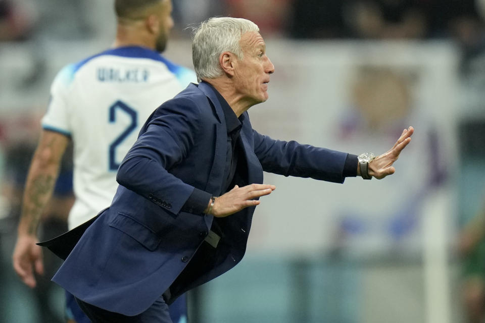 France's head coach Didier Deschamps gestures during the World Cup quarterfinal soccer match between England and France, at the Al Bayt Stadium in Al Khor, Qatar, Saturday, Dec. 10, 2022. (AP Photo/Francisco Seco)