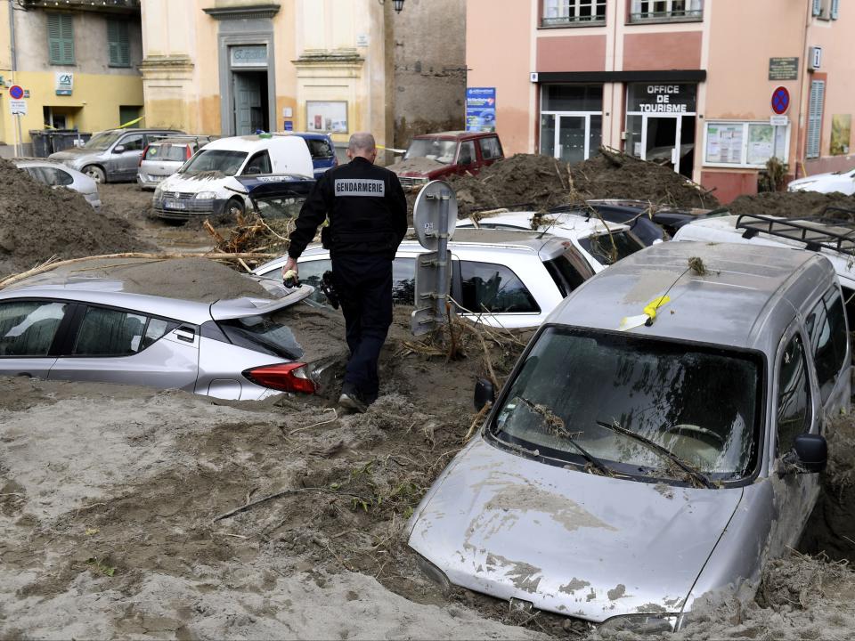 Cars were submerged in mud in Breil-sur-Roya in southeastern France following the floodingAFP via Getty Images