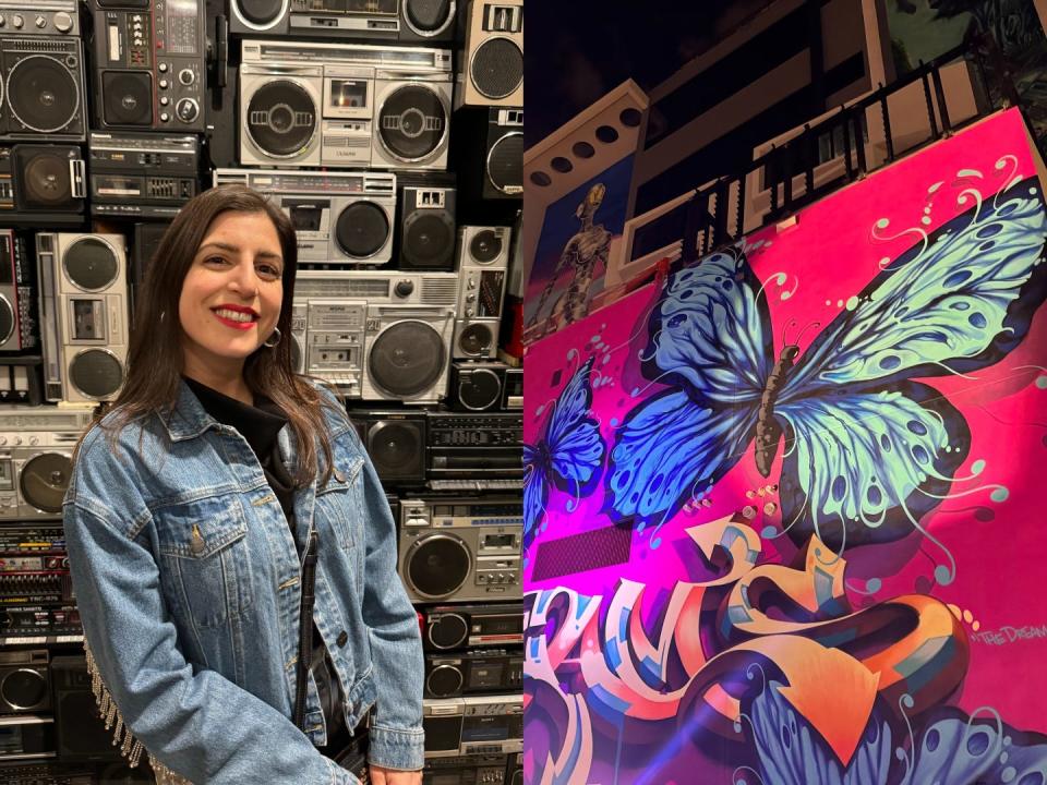 A split image shows a woman wearing a denim jacket in front of a wall of boomboxes (left) and a butterfly mural at Miami's Museum of Graffiti (right).