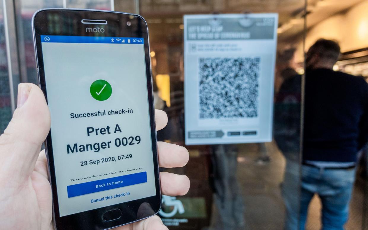 London, UK. 28th Sep, 2020. Checking in using the NHS track and trace app at Pret as the Coronavirus Lockdown restrictions increase. Credit: Guy Bell/Alamy Live News - Guy Bell / Alamy Stock Photo