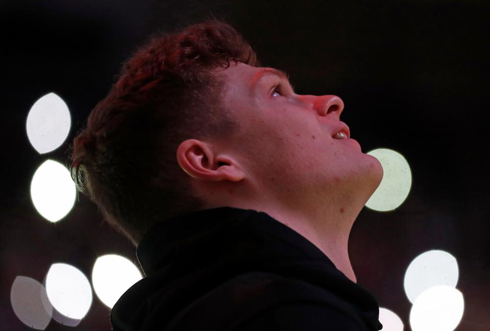 Purdue Boilermakers forward Sam King (24) looks up at the screen during the NCAA men’s basketball game against the Illinois Fighting Illini, Sunday, March 5, 2023, at Mackey Arena in West Lafayette, Ind. 