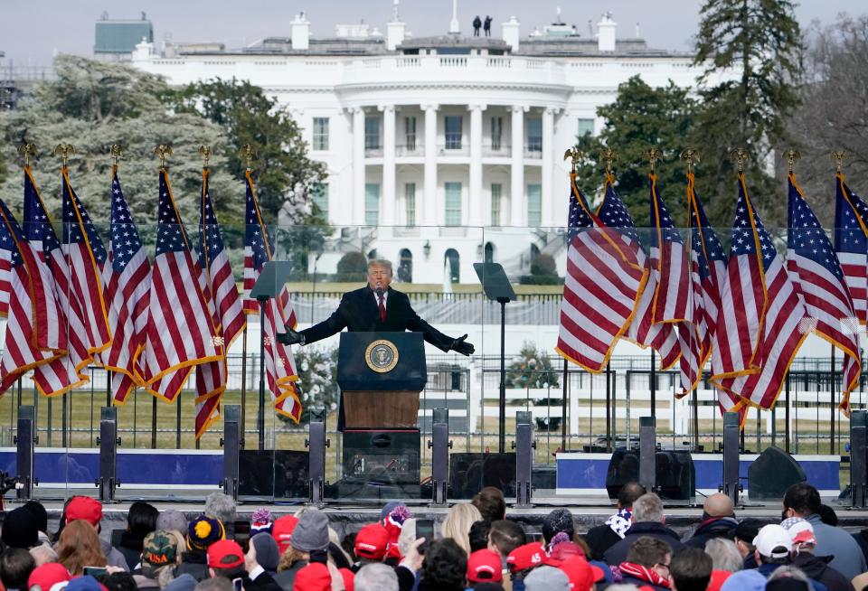 President Donald Trump speaks during a rally protesting the electoral college certification of Joe Biden as President in Washington on Jan. 6, 2021.