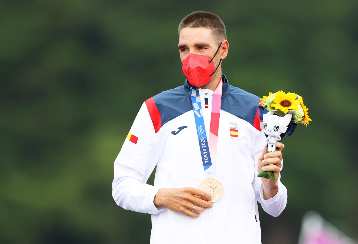 IZU, JAPAN - JULY 26: David Valero Serrano of Team Spain poses with the bronze medal after the Men's Cross-country race on day three of the Tokyo 2020 Olympic Games at Izu Mountain Bike Course on July 26, 2021 in Izu, Shizuoka, Japan. (Photo by Michael Steele/Getty Images)