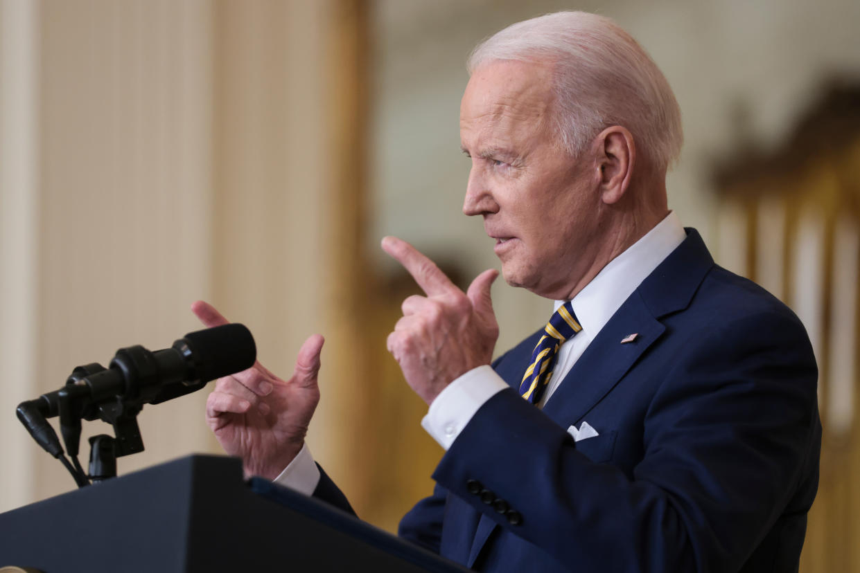 President Joe Biden speaks during a news conference in the East Room of the White House in Washington, D.C. on Wednesday, Jan. 19, 2022. (Oliver Contreras/Sipa/Bloomberg via Getty Images)