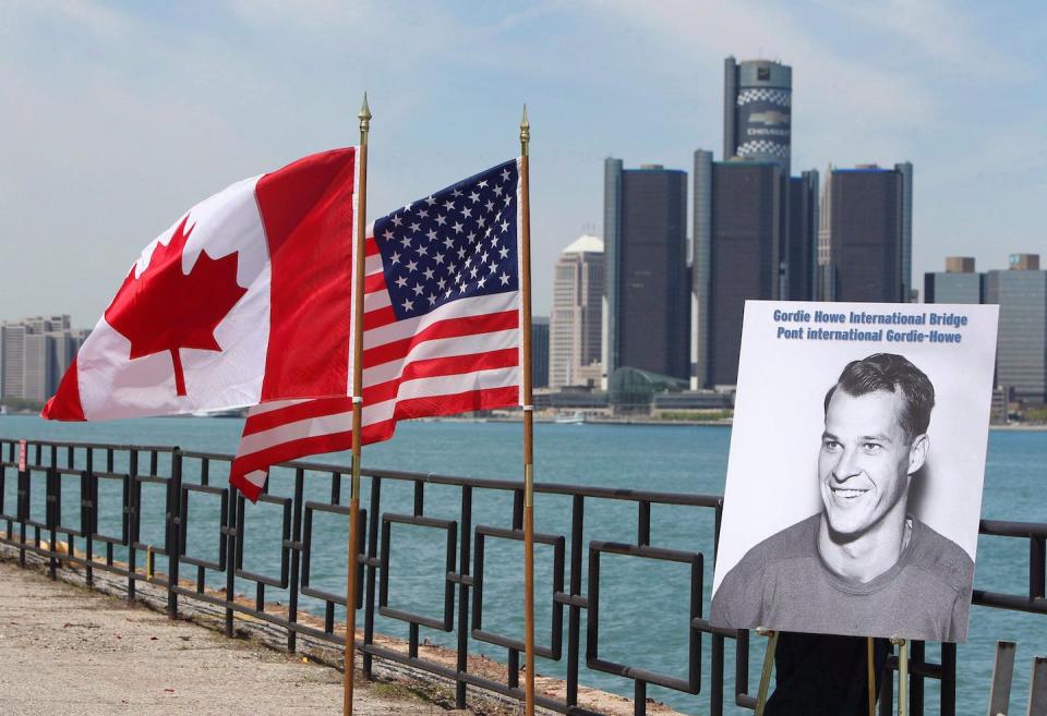 A photo of hockey great Gordie Howe at the announcement that the Detroit River International Crossing will be named the Gordie Howe International Bridge in Windsor, Ont. in May 2015. THE CANADIAN PRESS/Dave Chidley