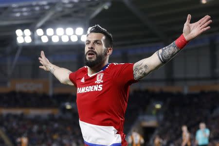 Britain Soccer Football - Hull City v Middlesbrough - Premier League - The Kingston Communications Stadium - 5/4/17 Middlesbrough's Alvaro Negredo celebrates scoring their first goal Action Images via Reuters / Carl Recine Livepic