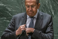 Russia's Foreign Minister Sergei Lavrov gestures after addressing the 76th Session of the U.N. General Assembly at United Nations headquarters in New York, on Saturday, Sept. 25, 2021. (Eduardo Munoz /Pool Photo via AP)