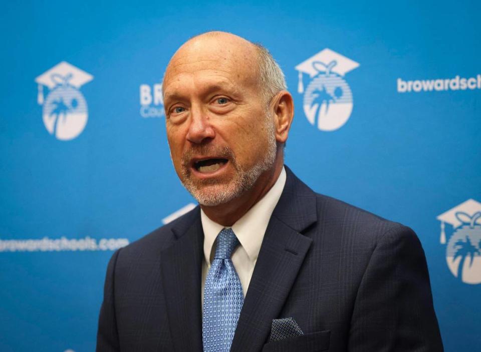 Dr. Allen Zeman, Countywide At-Large Seat 8, speaks during a press conference at the Broward County School Board meeting, where one of the items is talking about a new superintendent, on Tuesday, May 2, 2023, in downtown Fort Lauderdale