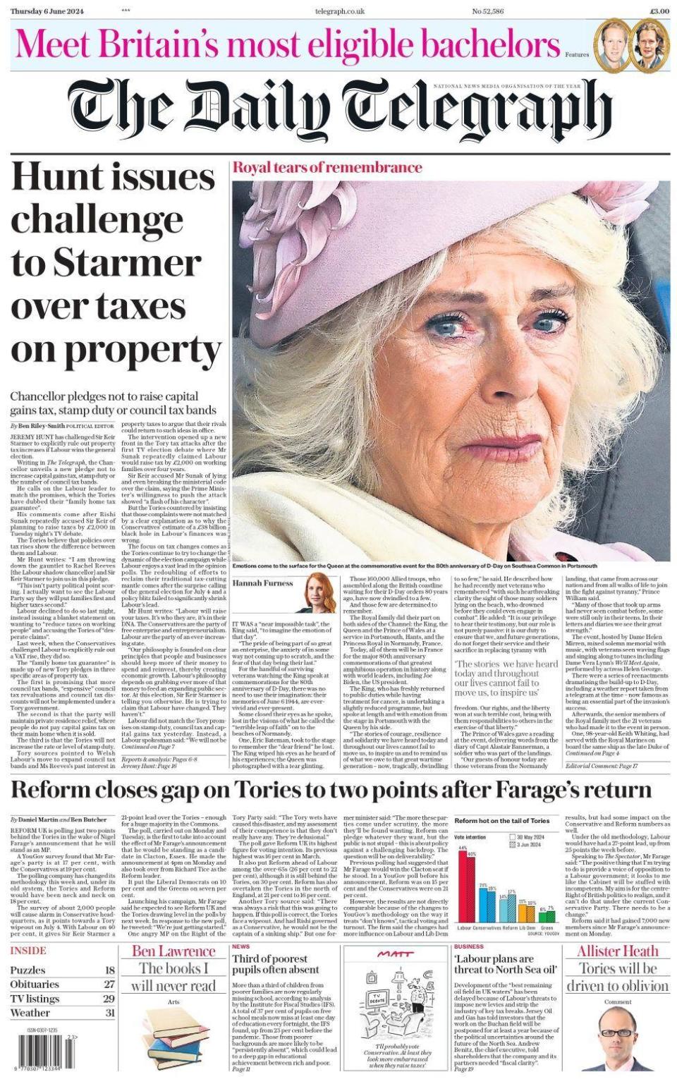 Hunt issues challenge to Starmer over taxes on property, reads the Daily Telegraph