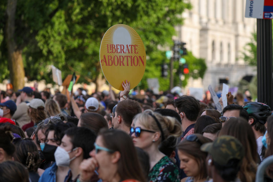 WASHINGTON, UNITED STATES - MAY 3: Anti-abortion and abortion rights demonstrators during a protest outside the U.S. Supreme Court in Washington, D.C., U.S., on Tuesday, May 3, 2022. Abortion rights suddenly emerged as an issue that could reshape the battle between Democrats and Republicans for control of Congress, following a report that conservatives on the U.S. Supreme Court were poised to strike down the half-century-old Roe v. Wade precedent (Photo by Yasin Ozturk/Anadolu Agency via Getty Images)