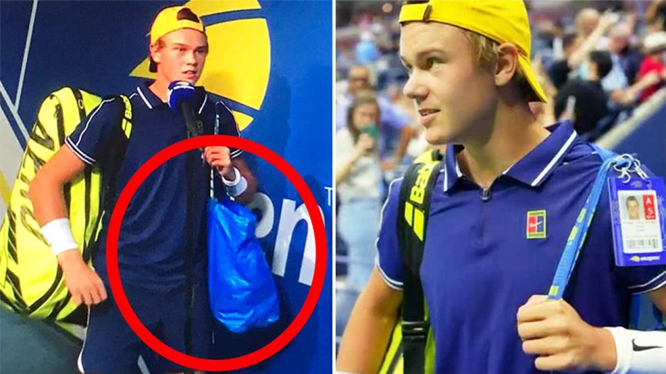 Holger Rune (pictured left) conducting an interview holding an IKEA bag and (pictured right) walking out to Arthur Ashe stadium.