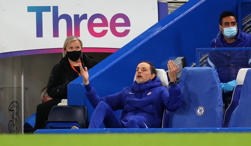 Chelsea manager Thomas Tuchel gestures in frustration from the dugout during the Premier League match at Stamford Bridge, (PA)