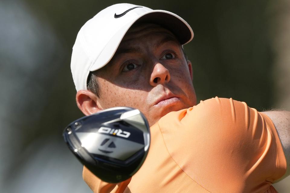 Rory McIlroy of Northern Ireland tees off on the 7th hole during the final round of Dubai Invitational golf tournament, in Dubai, United Arab Emirates, Sunday, Jan. 14, 2024. (AP Photo/Kamran Jebreili)