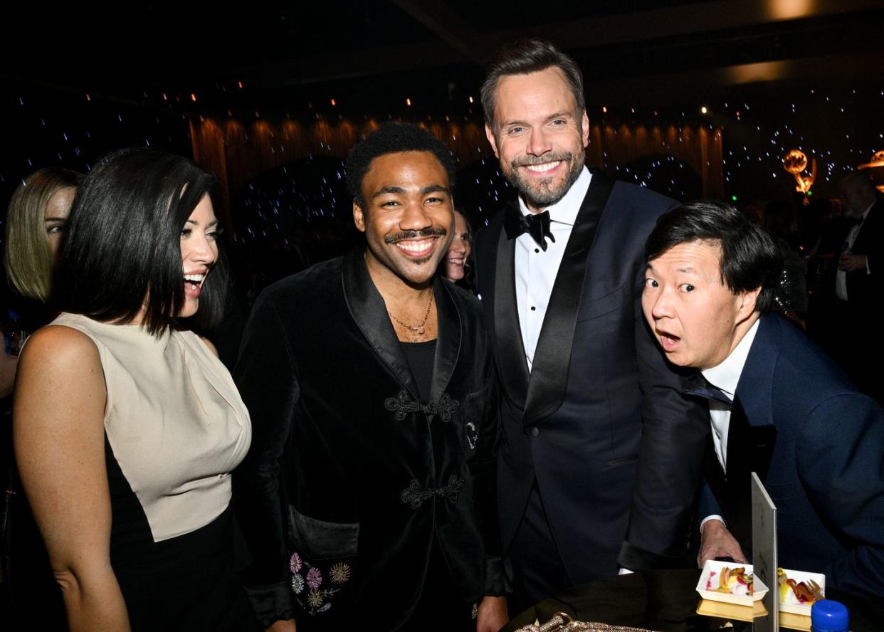 donald glover, joel mchale, and ken jeong at 75th emmy gala