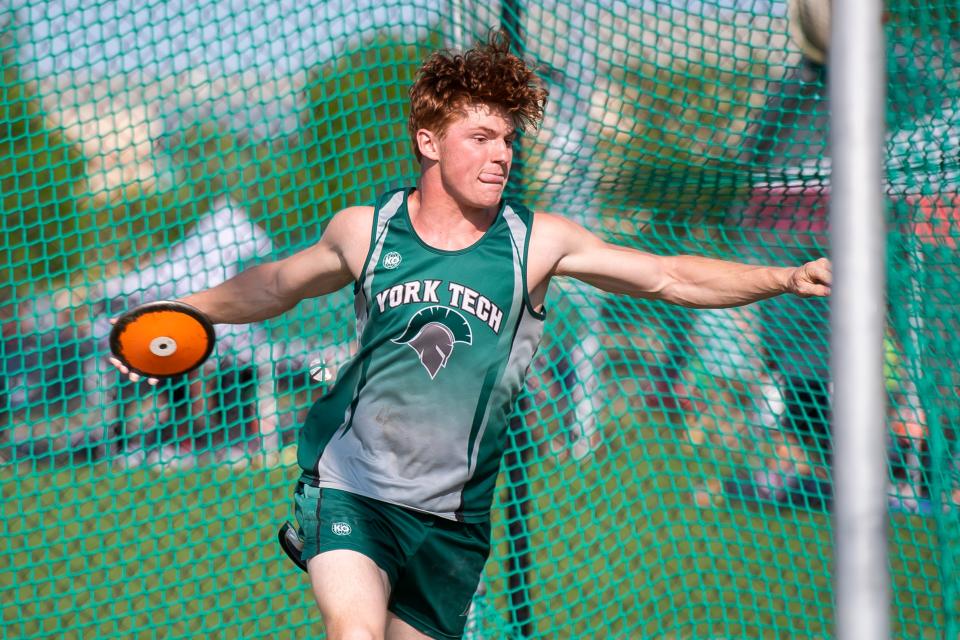 York Tech's Matthew Arnold wins gold and sets a new school record with a final throw of 173' 4" during the YAIAA Track and Field Championships at Central York High School on May 10, 2023.