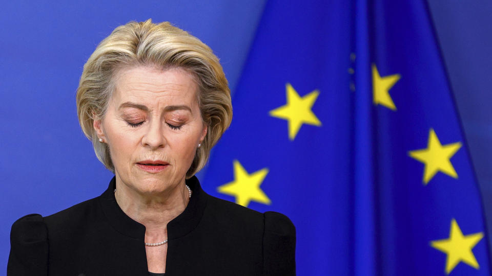 European Commission President Ursula von der Leyen prepares to make a statement, regarding the death of European Parliament President David Sassoli, at EU headquarters in Brussels, Tuesday, Jan. 11, 2022. David Sassoli, the Italian journalist who worked his way up in politics and became president of the European Union's parliament, died at a hospital in Italy early Tuesday, Jan. 11, 2022 his spokesperson said. (AP Photo/Olivier Matthys, Pool)