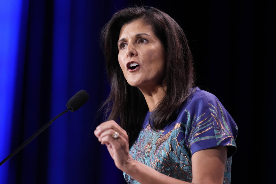 FILE - Former U.N. Ambassador Nikki Haley speaks at an annual leadership meeting of the Republican Jewish Coalition, Nov. 19, 2022, in Las Vegas. Haley may be the first to take on former President Donald Trump, but a half-dozen or more high-profile Republicans are expected to join the GOP's 2024 presidential nomination contest over the coming months. (AP Photo/John Locher, File)