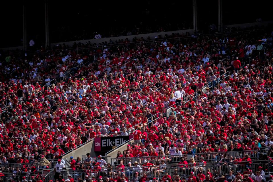 Apr 15, 2023; Columbus, Ohio, United States;  Sunlight falls onto fans sitting in the lower half of Ohio Stadium during the first quarter of the Ohio State Buckeyes spring game at Ohio Stadium on Saturday morning. Mandatory Credit: Joseph Scheller-The Columbus Dispatch