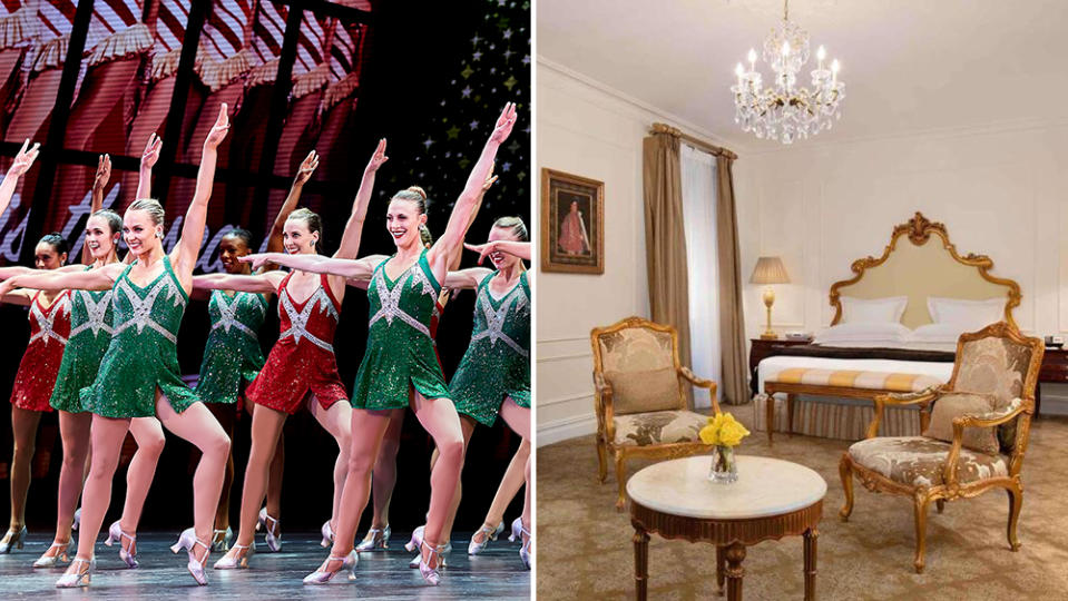 The Radio City Rockettes and a view of the Grand Luxe King room at the Plaza.