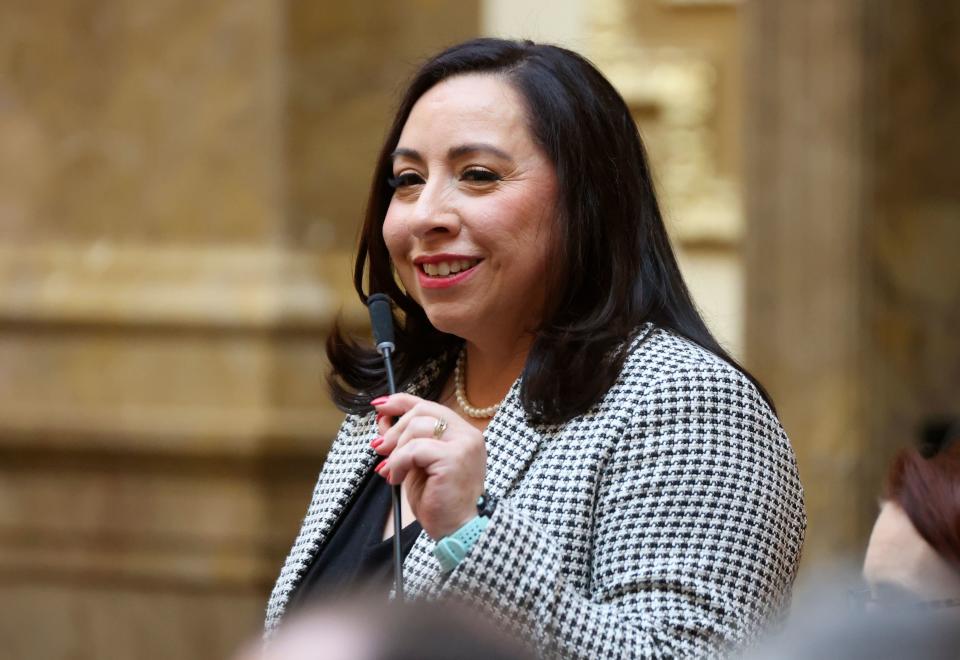 House Minority Leader Angela Romero, D-Salt Lake City, speaks on the first day of the general legislative session in the House chamber at the Capitol in Salt Lake City on Tuesday, Jan. 16, 2024. | Kristin Murphy, Deseret News