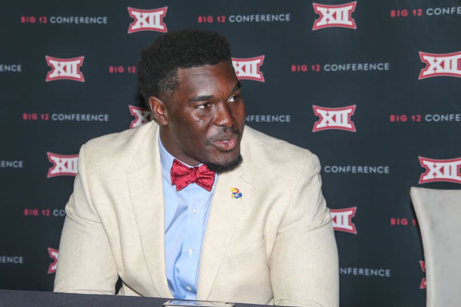 FRISCO, TX – JULY 17: Kansas offensive lineman Hakeem Adeniji meets with the media during the Big 12 Conference Football Media Days on July 17, 2017 at Ford Center at The Star in Frisco, Texas. (Photo by George Walker/Icon Sportswire via Getty Images)