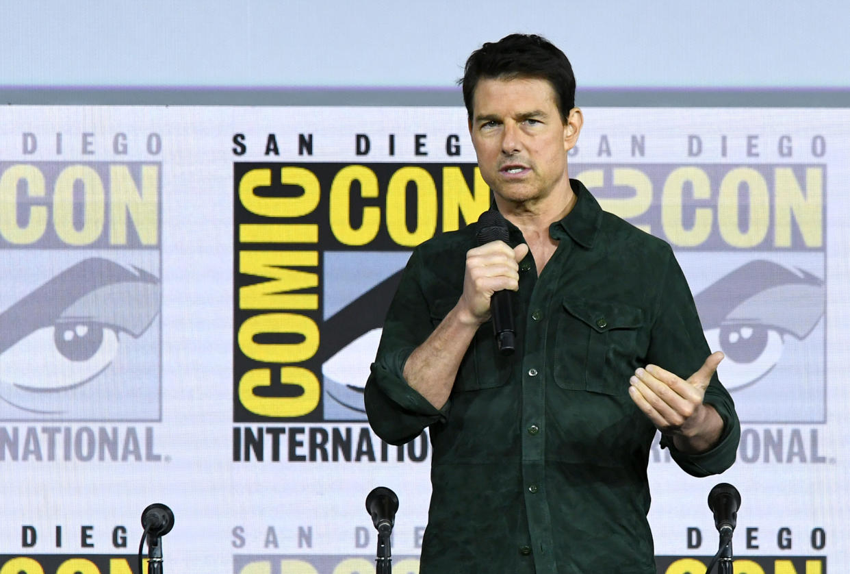 SAN DIEGO, CALIFORNIA - JULY 18: Tom Cruise makes a surprise appearance to discuss "Top Gun: Maverick" during 2019 Comic-Con International at San Diego Convention Center on July 18, 2019 in San Diego, California. (Photo by Kevin Winter/Getty Images)