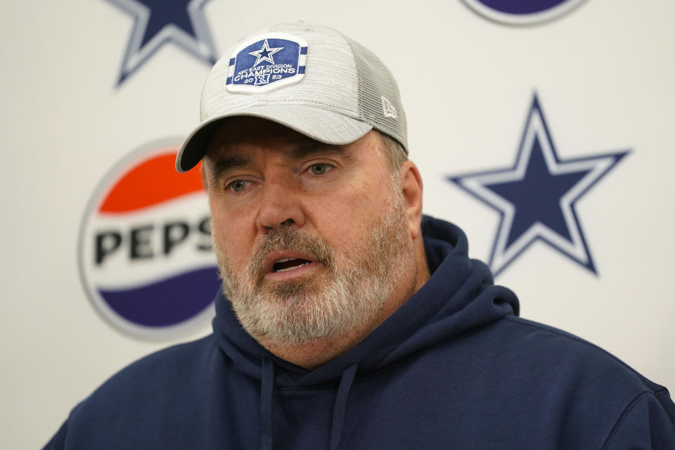 Dallas Cowboys head coach Mike McCarthy speaking during a press conference after an NFL football game against the Washington Commanders, Sunday, Jan. 7, 2024, in Landover, Md. Dallas won 38-10. (AP Photo/Susan Walsh)