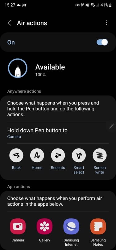 A screenshot of the Samsung Air actions menu.