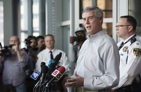 St. Louis County District Attorney Robert McCulloch speaks at a press conference about an arrest in connection with the shooting at the Ferguson Police Department last Thursday night that left two police officers wounded, in Clayton, Missouri, March 15, 2015. REUTERS/Kate Munsch