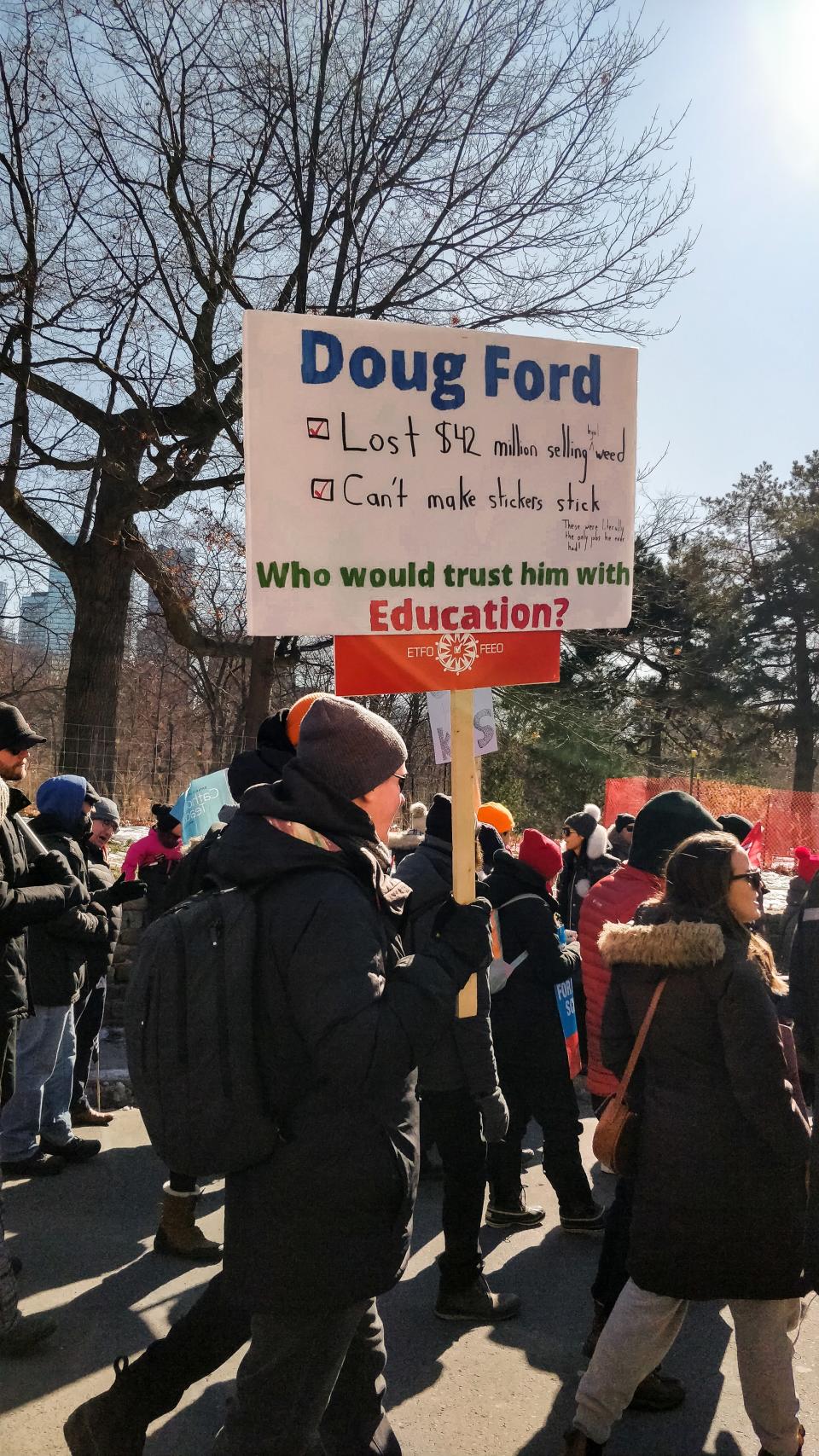 Toronto District School Board teacher Sarah Zubair has been documenting some of the more creative signs at Toronto-area strikes by teachers on her Instagram account, @sarahzubair.co. (Sarah Zubair)