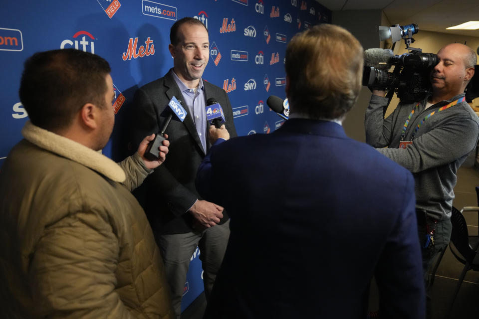 FILE - Then-New York Mets general manager Billy Eppler speaks to reporters during a news conference at Citi Field, Tuesday, Jan. 31, 2023, in New York. Former New York Mets general manager Billy Eppler was suspended through this year's World Series on Friday, Feb. 9, 2024, by baseball Commissioner Rob Manfred, who concluded he and other team employees fabricated injuries to create open roster spots.(AP Photo/Mary Altaffer, File)