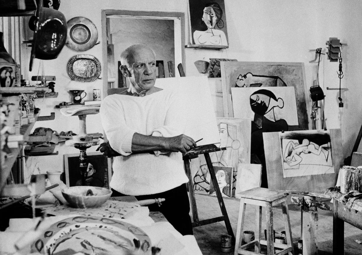 Artist Pablo Picasso in his studio in Vallauris, France, on Oct. 23, 1953. 