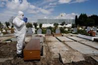 A person wearing protective gear prays in front of the coffin of a person who died of coronavirus disease (COVID-19), at the Spanish muslim military cemetery, in Grinon