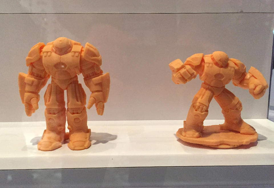 Prototypes for the Tony Stark’s mega armor; the more dramatic pose on the right is the final version for the upcoming figure.