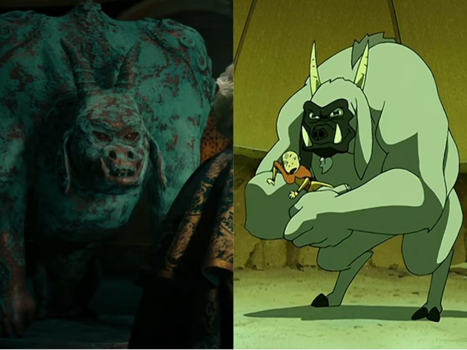 left: a statue of a gorilla goat in avatar the last airbender; right: flopsie the gorilla goat cradling aang in the cartoon