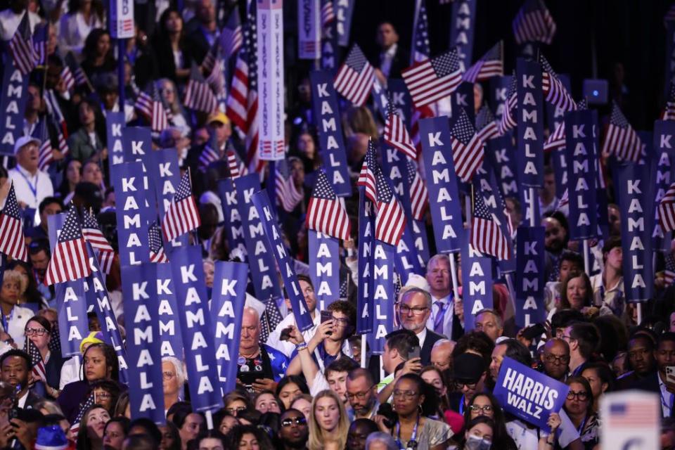 Chicago, Illinois, August 22: Supporters of Democratic presidential candidate U.S. Vice President Kamala Harris listen as she speaks on stage during the final day of the Democratic National Convention at the United Center on August 22, 2024 in Chicago, Illinois. Delegates, politicians and supporters of the Democratic Party gather in Chicago as current Vice President Kamala Harris is announced as her party's presidential nominee. The DNC will take place from August 19-22. Photo: Win McNameegetty Images