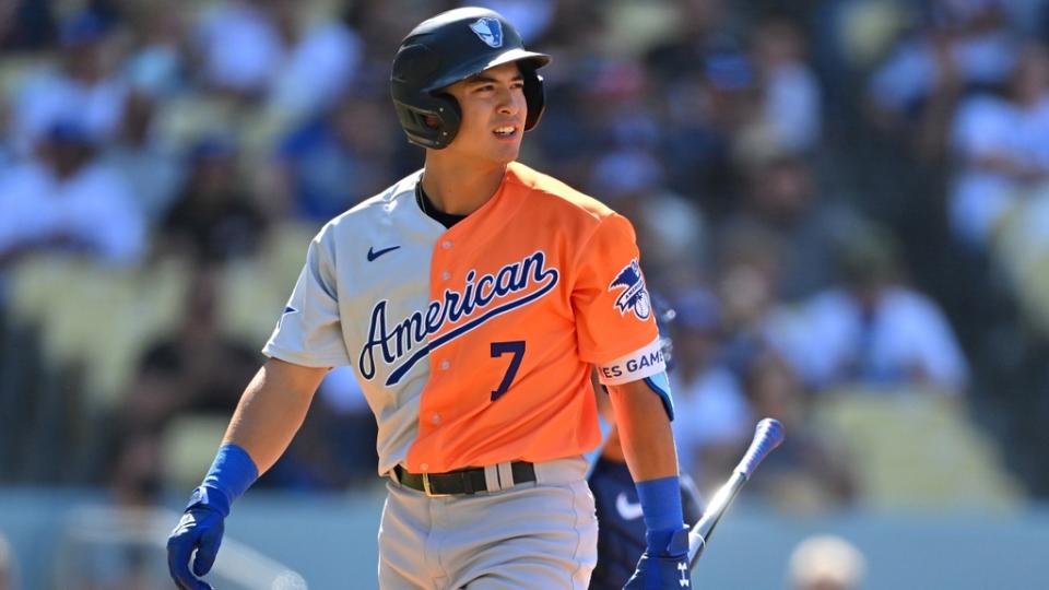 July 16, 2022;  Los Angeles, CA, USA;  American League Futures shortstop Anthony Volpe (7) returns to the dugout after striking out in the first inning of the All Star-Futures Game at Dodger Stadium.